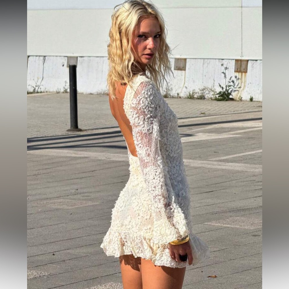 Floral lace Mini dress open back ruffle white beach summer dress apricot